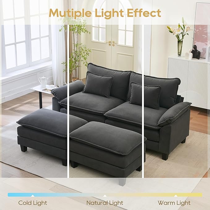URRED Modular Sectional Sofa Comfy Cloud Couch, Modern Velvet Sofa Sleeper Deep Seat Couches with Ottoman/Pillows for Living Room (Dark Gray, 82.6''- 2 Ottomans)-Ruum Studio Home