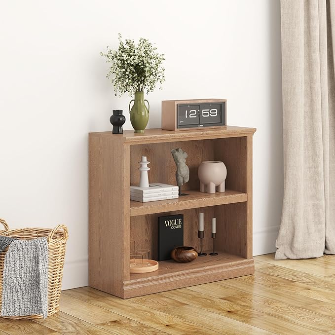 Bookcase, 2 Tiers S Bookshelf Open Storage Organization, Floor Standing Indoor Furniture Book Case for Library Office Living Room Bedroom, Salt Oak - 2 Tier-Ruum Studio Home