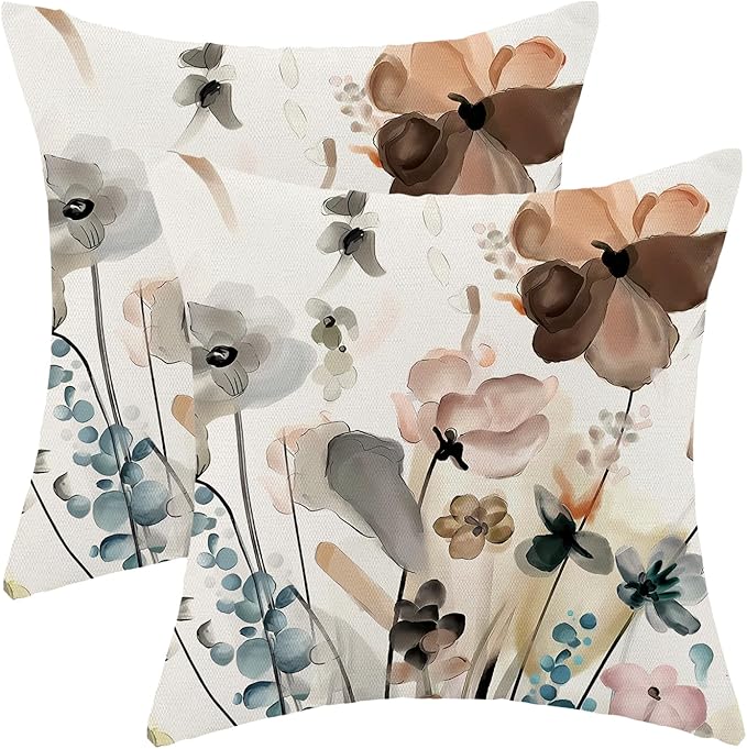 CXMEIFLY Spring Floral Pillow Covers 18 x 18 Inch Set of 2 for Watercolor Flowers Decor Throw Pillows Teal Brown Leaves Plant Floral Outdoor Decorative Cushion Cases for Couch Bed Decorations-Ruum Studio Home