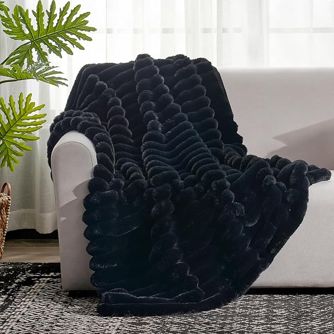 Cozy Bliss Faux Fur Throw Blanket for Couch, Cozy Warm Plush Striped Blanket for Sofa Bedroom Living Room,60 * 80 Inches Black-Ruum Studio Home