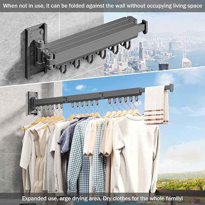 Wall Mounted Clothes Drying Rack - Foldable, Retractable Laundry Hanger with Grey-Rings-Ruum Studio Home