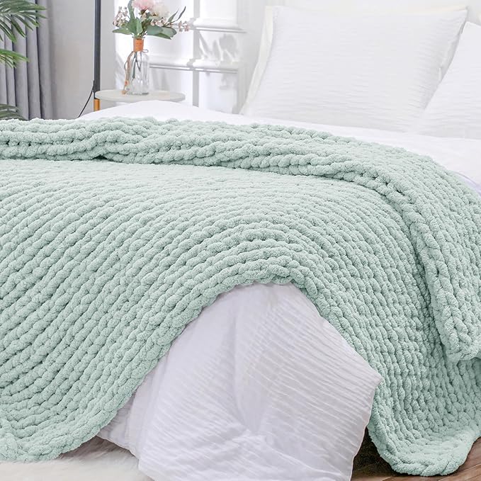 Bigacogo Chunky Knit Throw Blanket for Couch, 40x80 inches, 100% Hand Knitted with Thick Jumbo Chenille Yarn, Cozy Soft Large Rope Knot Cable Crochet Blankets for Sofa Bed Living Room, Mint-Ruum Studio Home