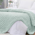 Bigacogo Chunky Knit Throw Blanket for Couch, 40x80 inches, 100% Hand Knitted with Thick Jumbo Chenille Yarn, Cozy Soft Large Rope Knot Cable Crochet Blankets for Sofa Bed Living Room, Mint-Ruum Studio Home