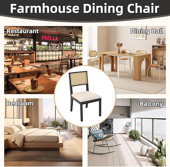 Westice Rattan Dining Chairs Set of 6, Farmhouse Natural Dining Room Chairs with Upholstered Cushion, Wood Armless Chairs for Kitchen/Restaurant, Black-Ruum Studio Home
