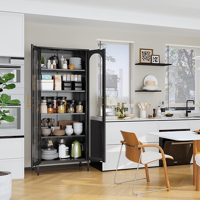 71" Tall Display Cabinet, 5-Tier Bookshelf with Doors & Adjustable Shelf, Modern Storage Cabinets Ideal for Book, Wine, Collectibles, Free Standing Bookcase for Home, Office, Living Room-Ruum Studio Home