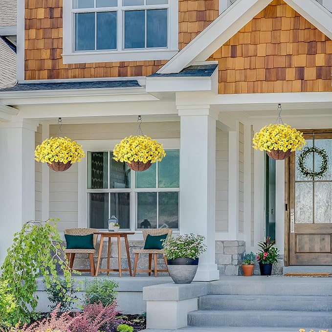 Artificial Fall Flowers Fake Hanging Plants Flowers Basket for Outdoors Autumn Decoration, Yellow Silk Morning Glory with Eucalyptus Look Real UV Resistant Faux Flowers for Outside Porch Patio Balcony-Ruum Studio Home