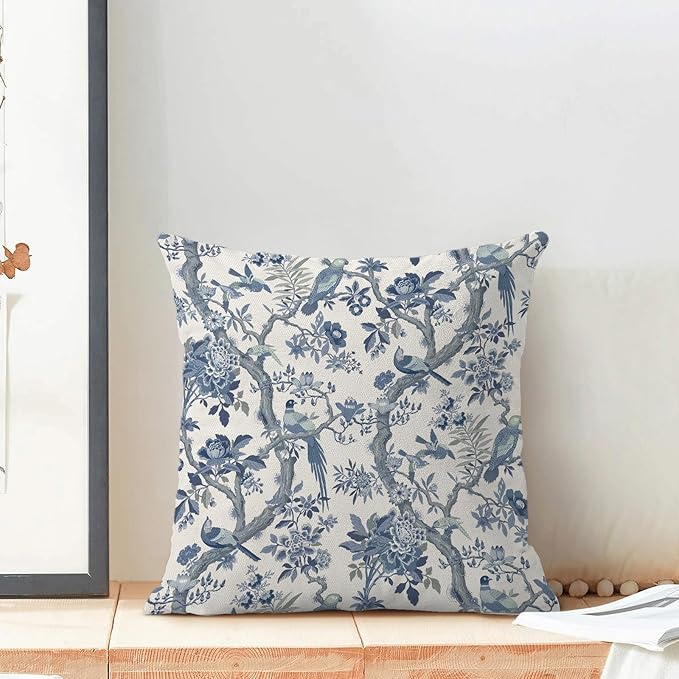 CXMEIFLY Spring Pillow Covers 18 x 18 Inch Set of 2 for Navy Blue Chinoiserie Flowers Bird Decor Throw Pillows Vintage Floral Plant Outdoor Decorative Cushion Cases for Couch Bed Decorations-Ruum Studio Home