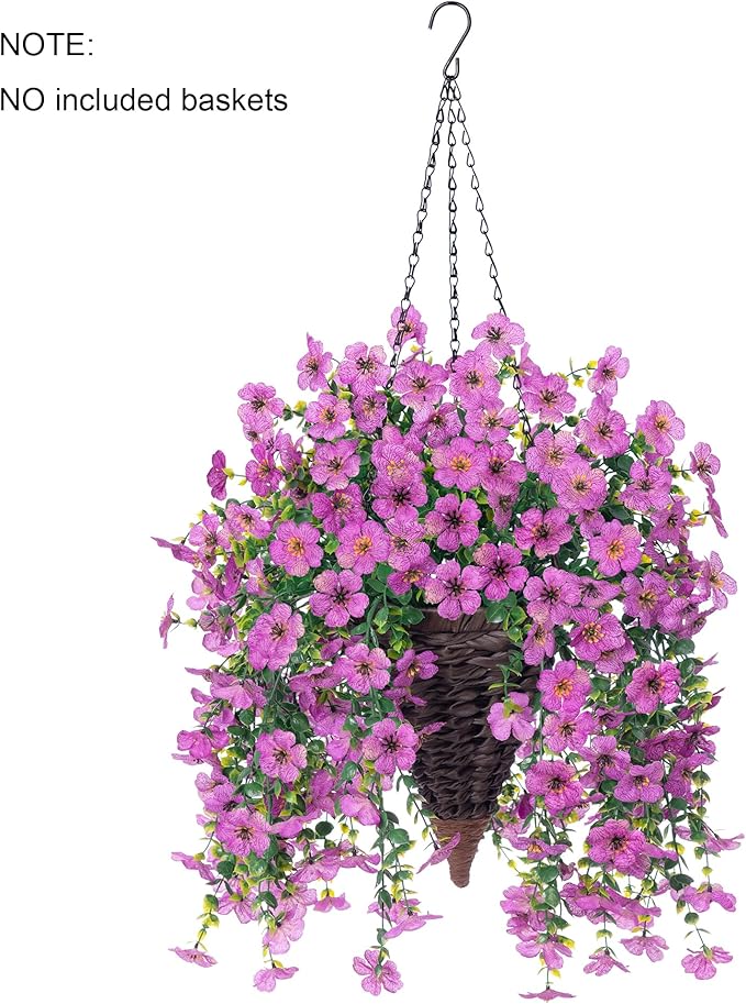 Artificial Faux Hanging Flowers Plants for Outdoor Decor, 2 PCS Outside Fake Silk Violets with Eucalyptus UV Resistant Realistic Daisy Trailing Vines for Planter Front Door Balcony Patio Yard, Purple-Ruum Studio Home