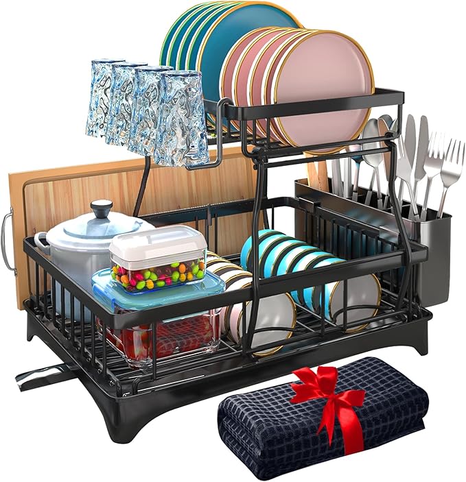 Godboat Dish Drying Rack, 2-Tier Dish Rack with Auto-Drain & Mat, Dish Racks for Kitchen Counter, Dish Drainer with Knife, Fork & Cup Rack, Gifts for Women, Mothers Day, Cool Stuff & Kitchen Gadgets-Ruum Studio Home
