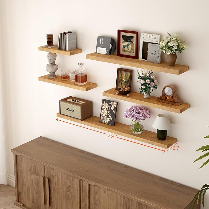 BGMG Wood Floating Shelves 48 inch Set of 2, Rustic Wooden Wall Mount Shelves for Living Room Bedroom Kitchen Farmhouse-48x6.7x1.25 inch- Gold Oak-Ruum Studio Home
