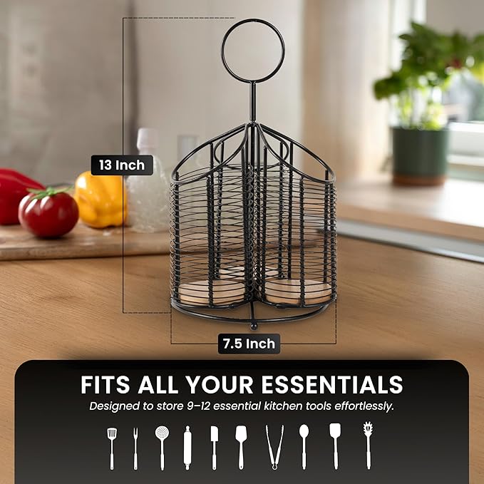 360° Rotating Kitchen Utensil Holder- 3 Compartment Organizer with Cork Bottoms | Includes Premium 9-Piece Acacia Wood Utensil Set | Professional & Home Luxury Design | Metal Utensil Crock (Black)-Ruum Studio Home