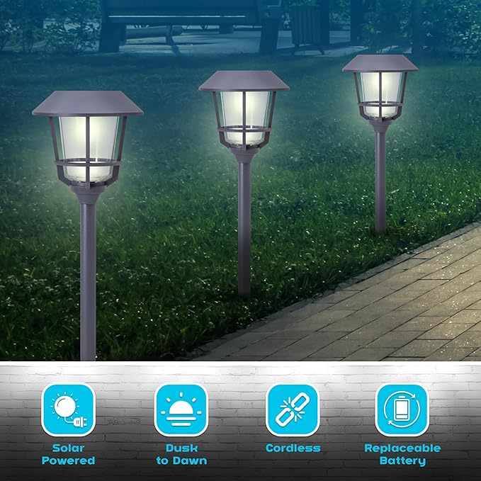 Solar LED Path Lights 4 Pack – 12 Lumens, Warm White, Weathered Zinc, Stainless Steel, Solar Powered, Weather-Resistant Outdoor Lighting for Walkway, Garden, Patio, Sidewalk-Ruum Studio Home