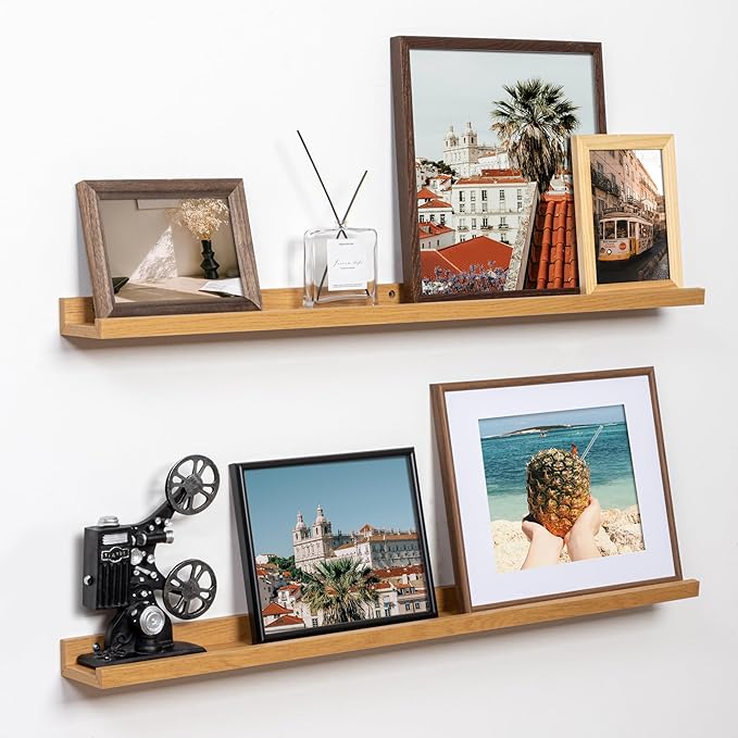 Fun Memories Picture Ledge Shelf, 36 Inch Floating Shelves Set of 2, Nursery Book Shelves for Toys Storage, Kids Bookshelf Wall Mounted for Wall Decor Books Photo Frames, Oak-Ruum Studio Home