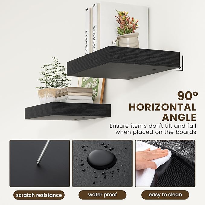 Black Deep Floating Shelves for Wall | 16 Inch Wide x 12 Inch Deep Floating Shelves Set of 2 | Rustic Wood Wide Wall Shelves | Bookshelf Laundry Shelf TV Shelf-Ruum Studio Home