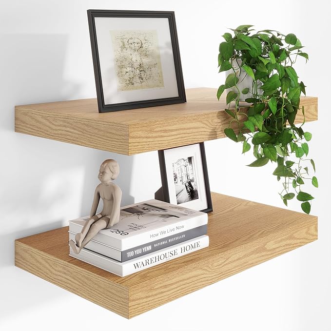 Heimlove 24 x 12 Inch Deep Floating Shelves Wall Mounted with Invisible Brackets,Storage Hanging Shelf for Wall Decor in Bathroom, Bedroom, Toilet, Kitchen, Living Room, Office Set of 2 (Oak)-Ruum Studio Home