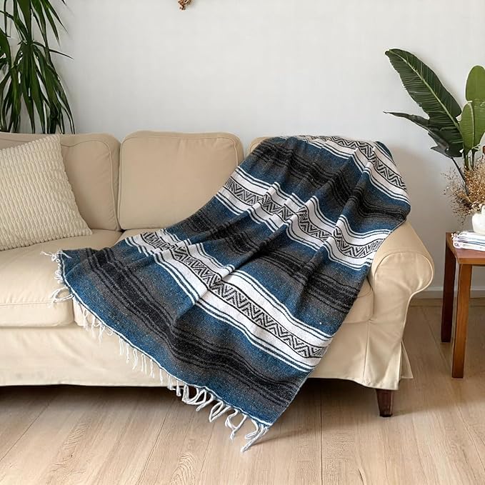 Traditional Handwoven Mexican Blanket, Large Falsa Serape - Soft & Durable - Vibrant Beach, Picnic, Yoga & Camping Mat - Lightweight Boho Throw 70"x50" (Onyx)-Ruum Studio Home
