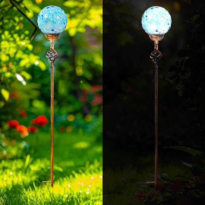 Garden Solar Lights, Decorative LED Honeycomb Glass Ball Garden Stake, Glass and Metal Outdoor Decoration, 4 x 31 Inch (Light Blue)-Ruum Studio Home