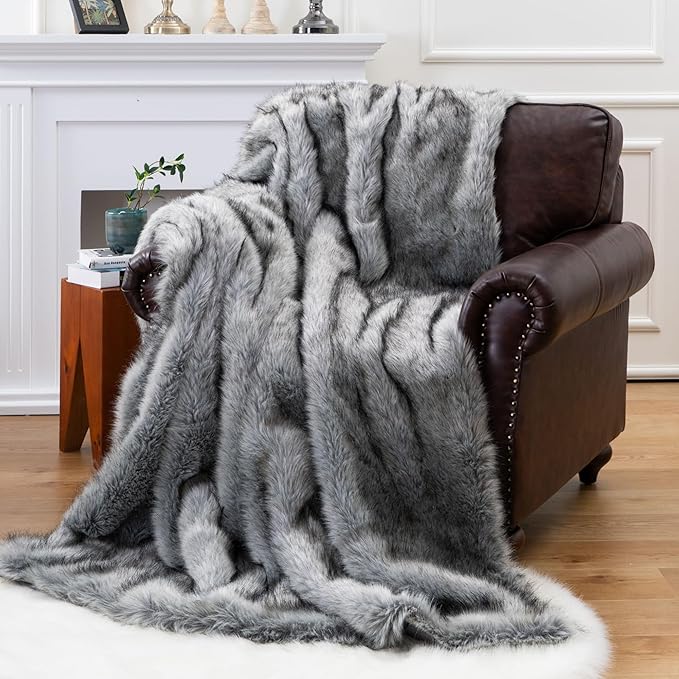 BATTILO HOME Wolf Faux Fur Blanket, Extra Large Fox Fur Throw Blankets for Couch, Bed, Super Soft, Fluffy, Eelegant, Grey with Black Tips Blanket Reversible to Plush Velvet, (Grey, 60"x80")-Ruum Studio Home
