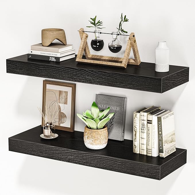 Floating Shelves for Wall, 24" W x 6.7" D x 1.5" H, Wooden Wall Mounted Display Shelves with Invisible Brackets for Living Room, Bedroom, Bathroom, Kitchen Decor and Storage, Set of 2, Black-Ruum Studio Home