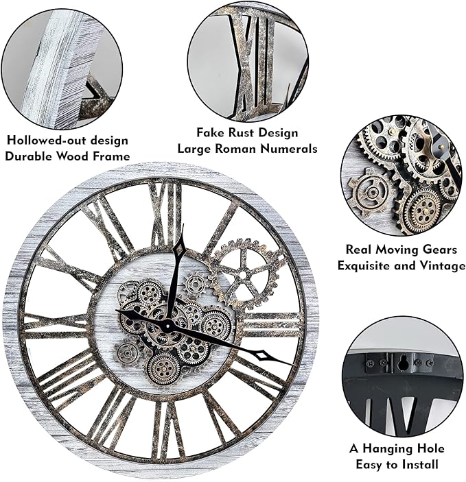 The B-Style Large Real Moving Gears Wall Clock 30 inch Rustic Retro Industrial Farmhouse Wood Clock Oversized Decorative Vintage Wall Clocks for Living Room (Gray White, 30 Inch/76CM)-Ruum Studio Home