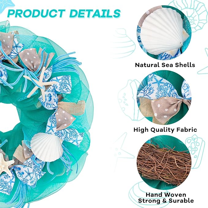 26 Inch Coastal Seashell Large Wreath with Natural Starfish & Scallops Shell, Lake Blue Beach Style Front Door Wreath with for Spring Summer, Farmhouse Rustic Indoor Outdoor Home Wall Wedding Decor-Ruum Studio Home