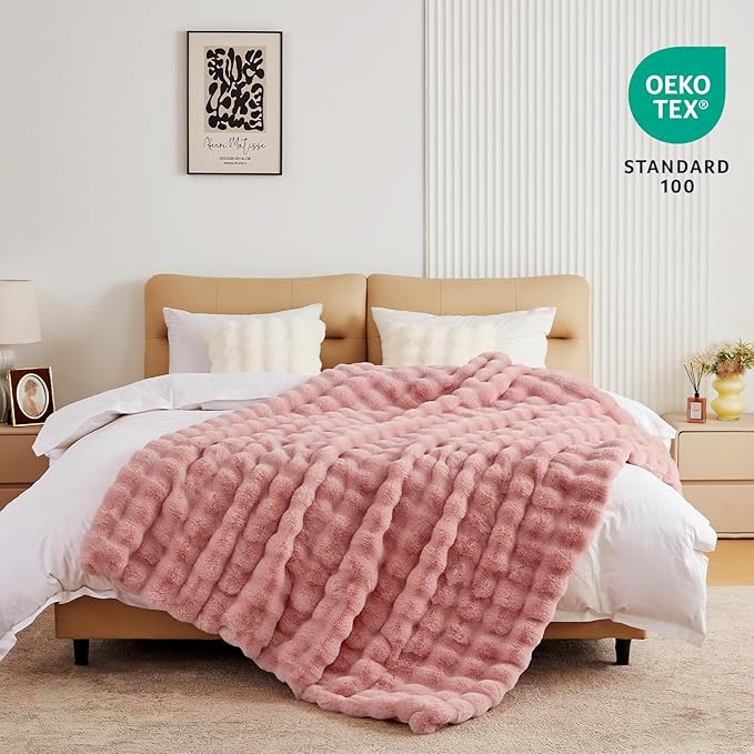 BENVWE Faux Fur Throw Blanket for Couch Bed - Fluffy Soft Thick Bubble Blanket for Living Room Home Decor - Mothers Day Birthday Gifts for Women, Dusty Pink, 63" x 80"-Ruum Studio Home