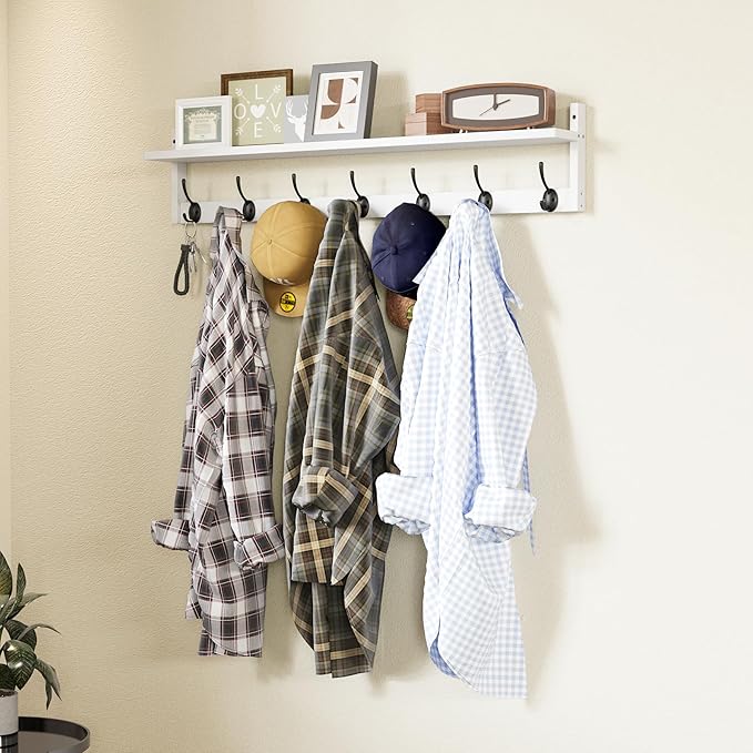 BAMEOS 35" L Wall Hooks with Shelf, Entryway Coat Hooks for Wall with Shelf, Wood Wall Hanging Shelf, Wall-Mounted Coat Rack with 7 Dual Metal Hooks for Bathroom, Kitchen, Living Room, Bedroom (White)-Ruum Studio Home