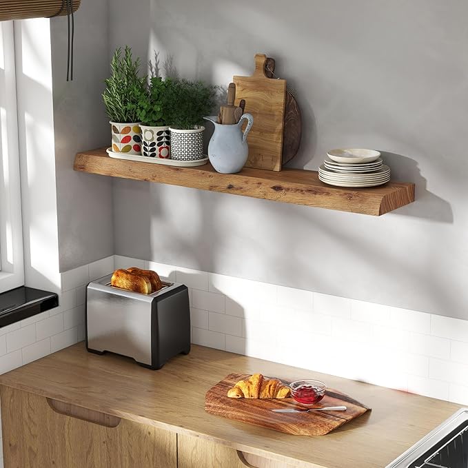 Fun Memories 40" Floating Shelves for Wall, Live Edge Solid Elm Wood Floating Shelf with Invisible Bracket, Wall Mounted Display Wooden Shelves for Bathroom, Kitchen, Bedroom, Natural Color, Set of 1-Ruum Studio Home