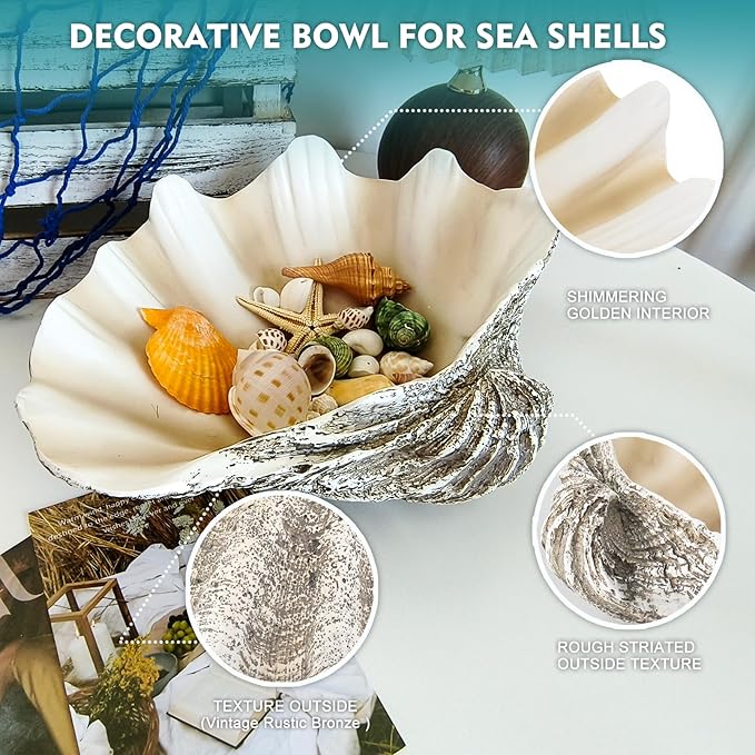 Large Mud Gray Clam Shells Decorative Bowl,Weathered style ClamShell Bowl Beach Decorations for Home Coastal Beach Decor Decoration Storage Bowls & Home Office Nautical Themed Party Decor -10.2"-1PC-Ruum Studio Home