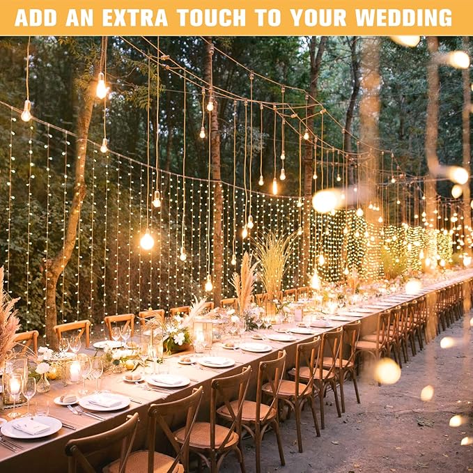 JMEXSUSS 600 LED Christmas Curtain Lights Outdoor, 9.5x19.6ft Christmas String Light Plug in with Remote, 8 Modes Wall Hanging Lights for Bedroom Party Backdrop Wedding Xmas Decor, Warm White-Ruum Studio Home