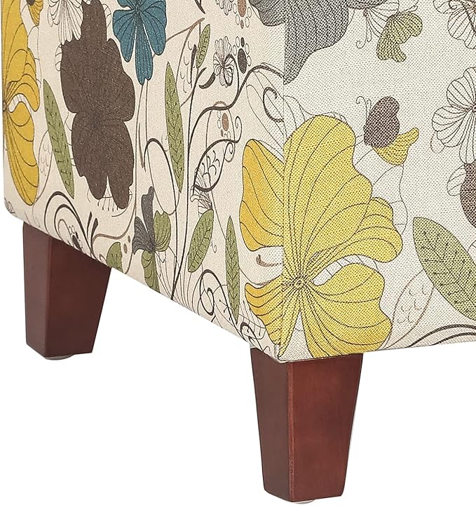 Adeco 18 Inch High Cube Ottoman Storage, Floral Printed Linen Chair Foot Stools, Upholstered Vanity Stool with Hinged Lid, Solid Wood Legs-Ruum Studio Home