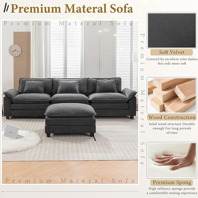 URRED Modular Sectional Sofa Comfy Cloud Couch, Modern Velvet Sofa Sleeper Deep Seat Couches with Ottoman/Pillows for Living Room (Dark Gray, 117''- L Shape)-Ruum Studio Home