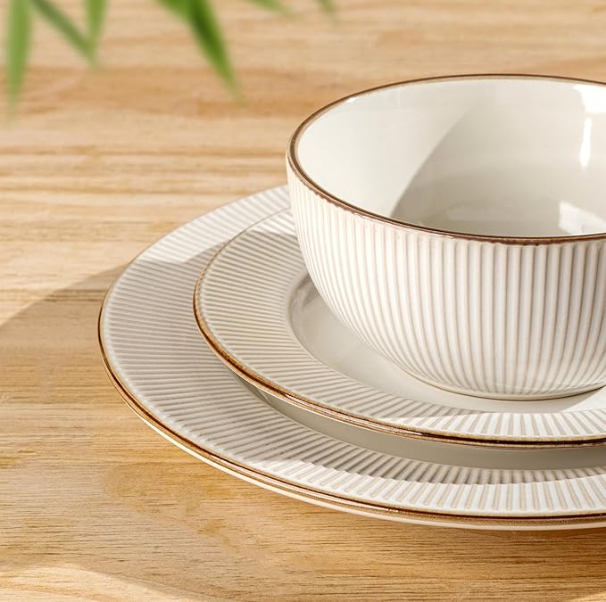 GBHOME Ceramic Dinnerware Sets,12 pcs Embossed Elegant Stoneware Plates and Bowls Sets, Housewarming Wedding Gift | Dishwasher & Microwave Safe | Dishes Set Service for 4-Ruum Studio Home