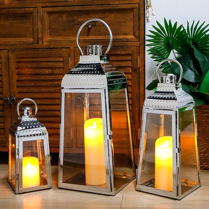 TRIROCKS Set of 3 Stainless Steel Candle Lanterns 20.5''&16''&12''H Decorative Candle Holders with Tempered Glass for Indoor Outdoor Porch Parities and Wedding(Silver)-Ruum Studio Home