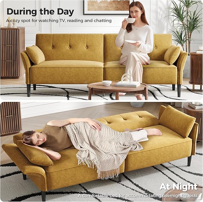 89” Futon Sofa Bed,Comfy Futon Couch Bed with 2 Square Pillows, Convertible Sleeper Sofa with Adjustable Backrest& Armrests, Modern Loveseat Sleeper for Living Room, Bedroom, Yellow-Ruum Studio Home