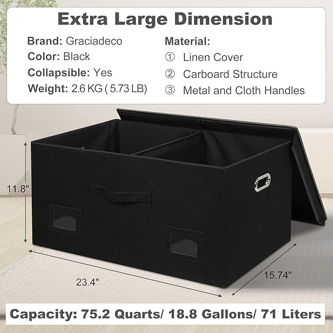 75 Quarts Extra Large Decorative Storage Bins with Lids, 3 Packs Black Collapsible Storage Bins with Lids, Stackable Storage Bins Decorative Box Storage With Lid Extra Large-Ruum Studio Home