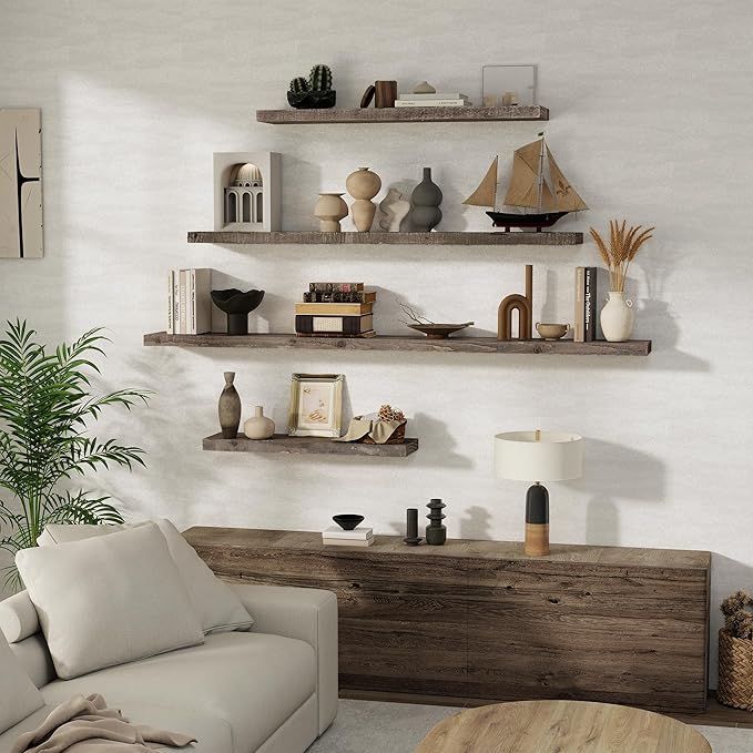 Floating Shelves, 8 Inch Deep Rustic Solid Reclaimed Wood Wall Shelves for Storage, Wall Mounted Display Shelving with Invisible Heavy-Duty Metal Bracket, 30 Inch Width Set of 2, Grey-Ruum Studio Home