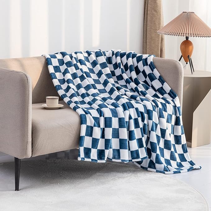 LOMAO Throw Blankets Flannel Blanket with Checkerboard Grid Pattern Soft Throw Blanket for Couch, Bed, Sofa Luxurious Warm and Cozy for All Seasons (Navy, 60"x80")-Ruum Studio Home
