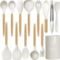 Silicone Cooking Utensils Set - 446°F Heat Resistant Silicone Kitchen Utensils for Cooking,Kitchen Utensil Spatula Set w Wooden Handles and Holder for Non-Stick Cookware, BPA FREE (Cream White)-Ruum Studio Home