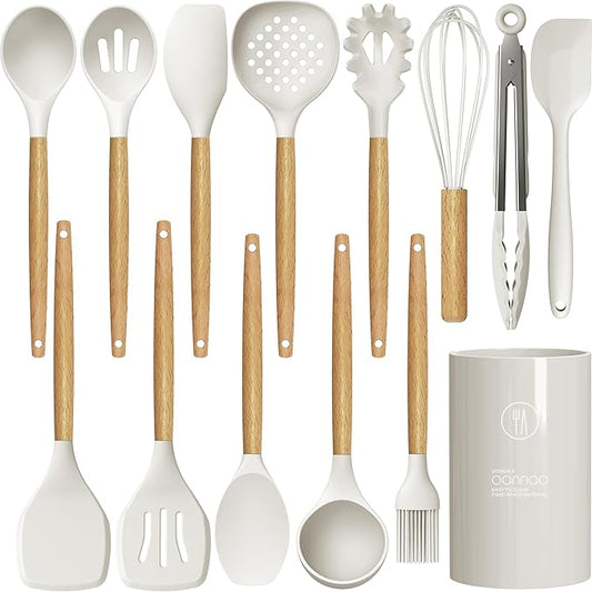 Silicone Cooking Utensils Set - 446°F Heat Resistant Silicone Kitchen Utensils for Cooking,Kitchen Utensil Spatula Set w Wooden Handles and Holder for Non-Stick Cookware, BPA FREE (Cream White)-Ruum Studio Home
