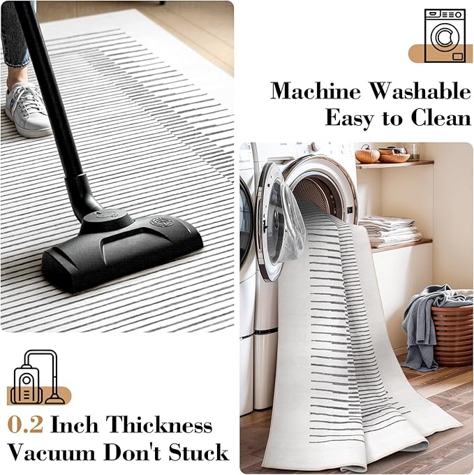 Wonnitar Washable Striped 8x10 Rugs for Living Room, Non-Slip Soft Grey Berber Stripe Bedroom Rug, Low Pile Minimalist Floor Carpet for Dining Room Living Room Office Department (Grey, 8' x 10')-Ruum Studio Home