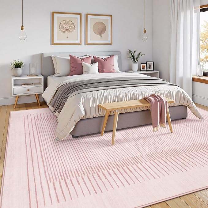 Wonnitar Washable Striped Living Room Area Rug 5x7, Non-Slip Berber Stripe Pink Area Rugs for Bedroom Girls, Low Pile Soft Large Throw Carpet for Kids Nursery Room (Pink,5' x 7')-Ruum Studio Home