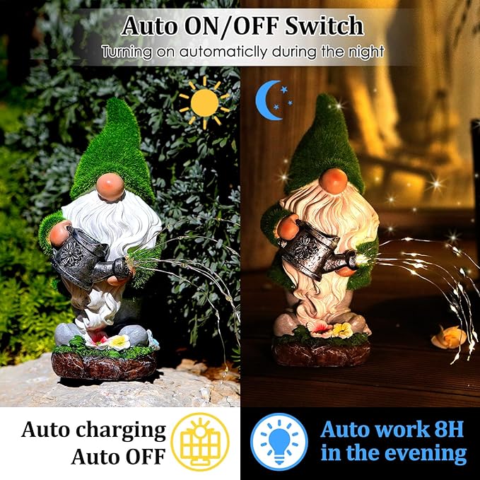 Flocked Solar Garden Gnomes Outdoor Statues-11.8‘’Outdoor Garden Decor-LED Outdoor Decor Light-Unique Housewarming Gifts Yard Art Sculptures for Patio Lawn Ornaments-Ruum Studio Home