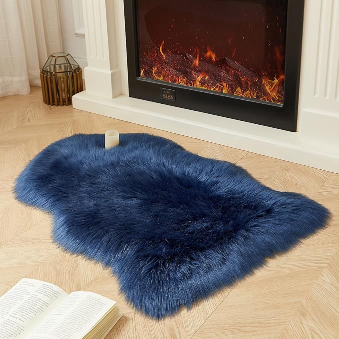 AMTOVO Faux Fur Rug, Dark Blue Small Area Rug, Fluffy Sheepskin Rug, Fuzzy Ultra Soft 2 x 3 ft Shag Rugs for Bedroom Sofa Throw Cushion Room Decor, Sheepskin-Ruum Studio Home