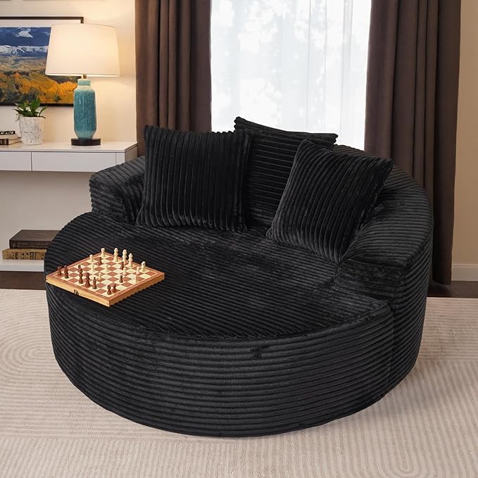ovios 58" Oversized Round Chair Lounge Chaise Indoor, No Assembly Required, Cloud Large Circle Chair with Plush Fuax Fur, Fluffy Modern Sleeper Sofa Bed for Reading Yoga, Black (Plush Corduroy Fabric)-Ruum Studio Home