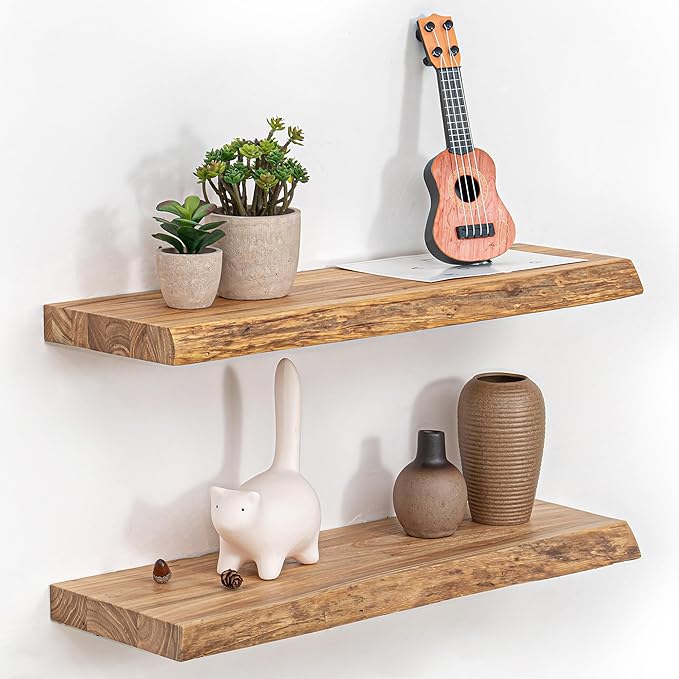 Floating Shelves for Wall, 24" Live Edge Solid Elm Wood Floating Shelf, Wall-Mounted Display Shelves with Invisible Heavy-Duty Metal Bracket, Floating Shelf for Kitchen (Natural, Set of 2)-Ruum Studio Home
