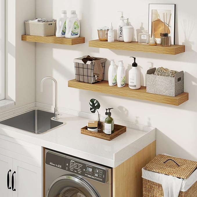 fuqing Floating Shelves for Wall, Bathroom Shelf Wall Mounted for Storage, Shelves with Invisible Bracket for Bedroom, Kitchen, Living Room, Farmhouse Small Book Shelf, 24 Inch Set of 2, Oak-Ruum Studio Home