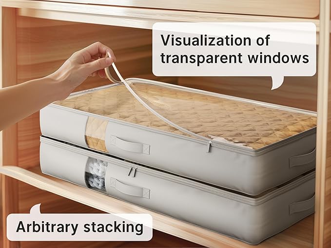 Under Bed Storage Containers with Window, Closet Organizers and Storage Bags, Foldable Underbed Storage Bags for Blankets, Clothing, Comforter, Linen Sheets, Wrapping Paper, 2 Pack, Grey-Ruum Studio Home