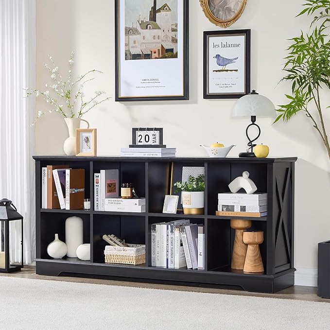 Farmhouse 8 Cube Bookshelf, Black Storage Organizer Bookcase, Kids Toy Storage Cabinet, Long Bookshelves Storage Organizer Shelf, Wood Display Cabinet Book Shelves for Bedroom,Living Room,Office-Ruum Studio Home