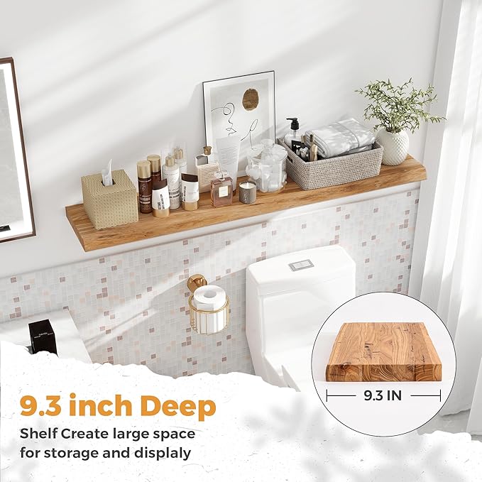 RICHFOCUS Live Edge Elm Floating Shelves - 48" W x 9.3" D Rustic Solid Wood Wall Shelves with Invisible Bracket, Wall-Mounted for Living Room, Bedroom, Kitchen Storage & Display, Set of 1, Natural-Ruum Studio Home